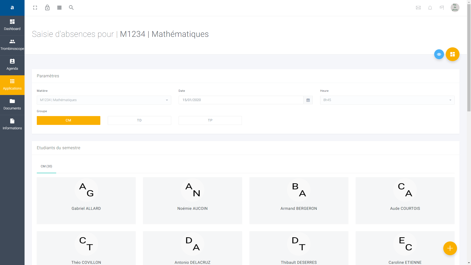 aperçu de l'espace Mes Cours
